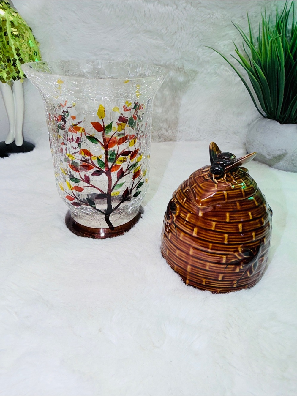 Hand-Painted Crackle Glass Vase with Autumn Leaf Design & Ceramic Honey Pot 🍯